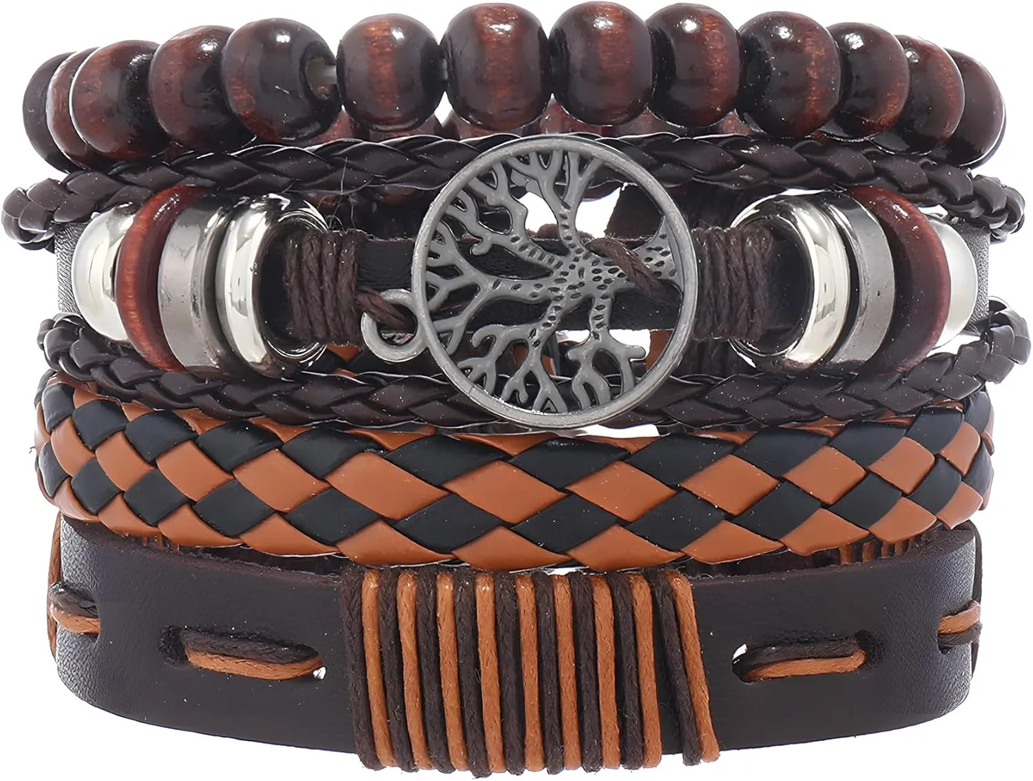 Multi-Layer Leather Bracelets, Mens Braided Vintage Religious Retro Patterns Evil Eye Beads Tree of Life Boho Charms Women Cuff Bracelet Anniversary Birthday Christmas Jewelry Gifts Pcs of 4