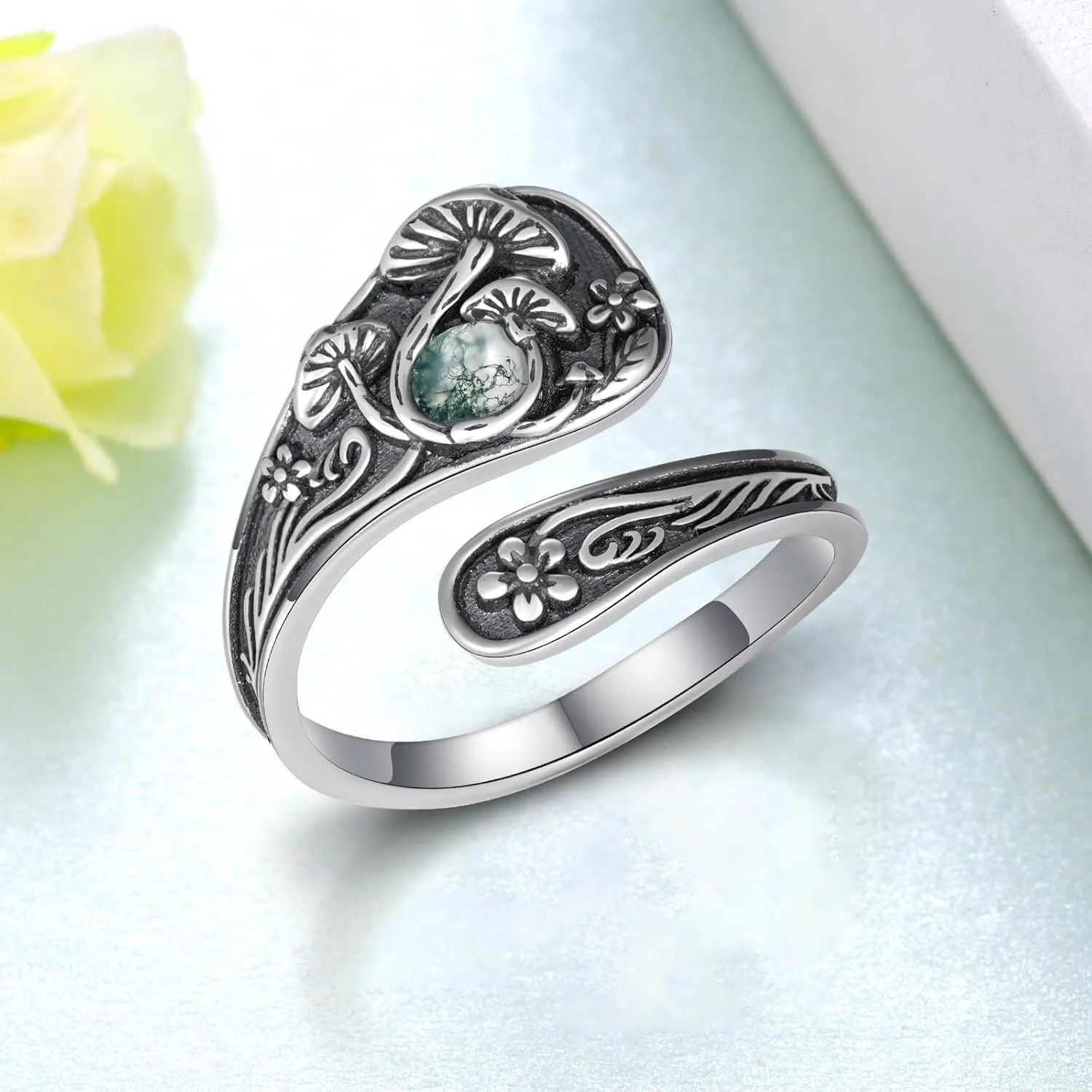 Mushroom Spoon Rings for Women Moss Agate/Moonstone/Opal/Turquoise 925 Sterling Silver Agate Mushroom Ring Vintage Thumb Ring Jewelry for Women Men