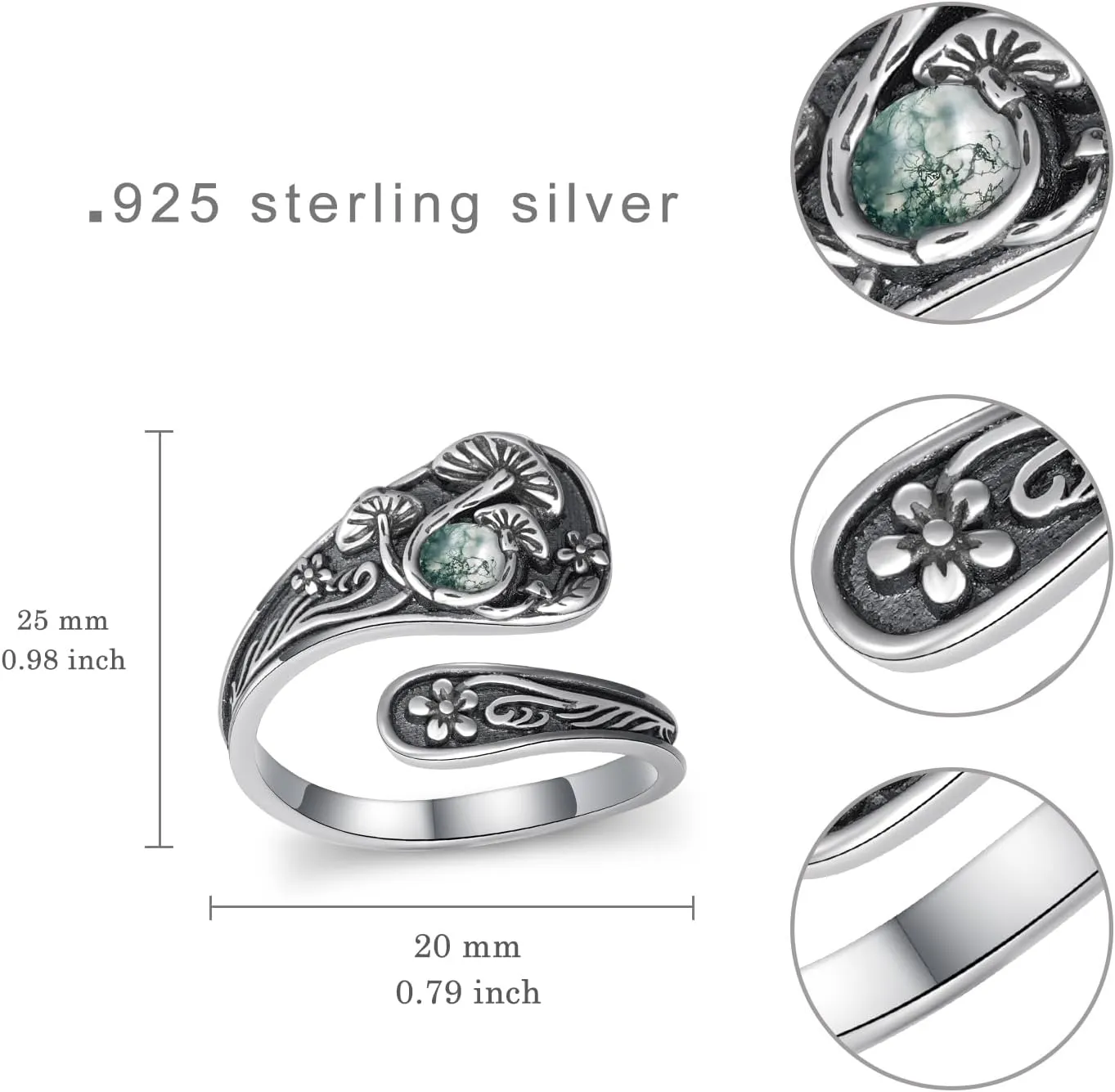 Mushroom Spoon Rings for Women Moss Agate/Moonstone/Opal/Turquoise 925 Sterling Silver Agate Mushroom Ring Vintage Thumb Ring Jewelry for Women Men
