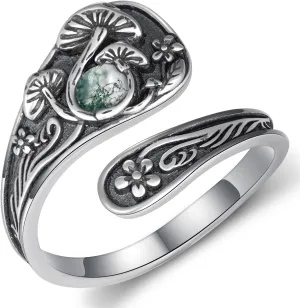 Mushroom Spoon Rings for Women Moss Agate/Moonstone/Opal/Turquoise 925 Sterling Silver Agate Mushroom Ring Vintage Thumb Ring Jewelry for Women Men