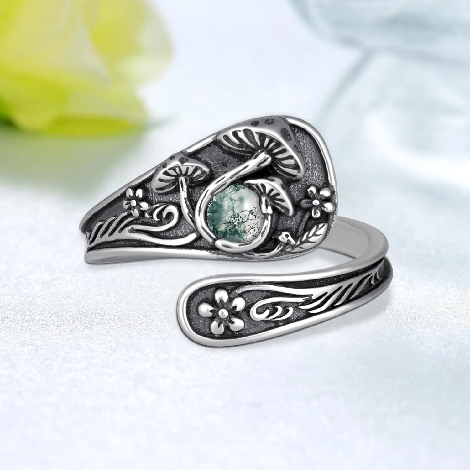 Mushroom Spoon Rings for Women Moss Agate/Moonstone/Opal/Turquoise 925 Sterling Silver Agate Mushroom Ring Vintage Thumb Ring Jewelry for Women Men