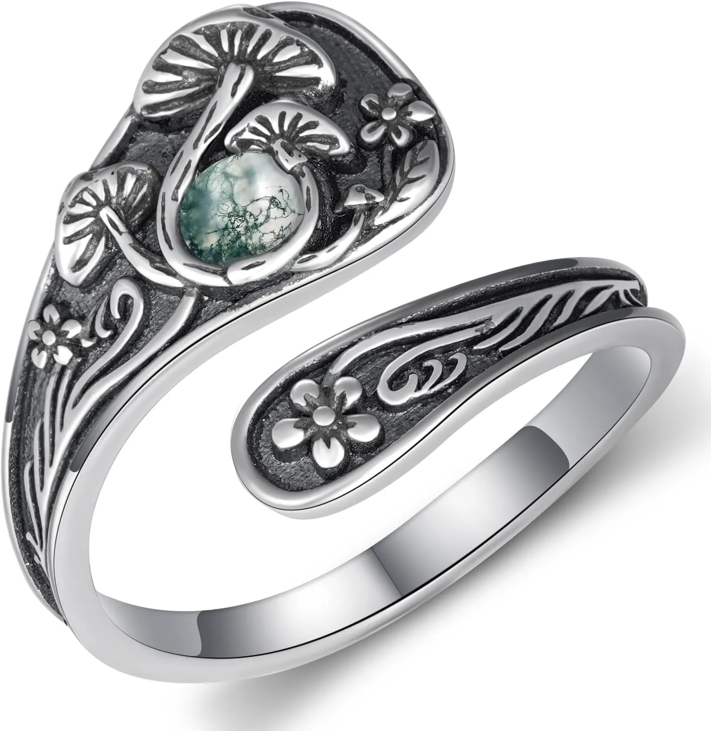 Mushroom Spoon Rings for Women Moss Agate/Moonstone/Opal/Turquoise 925 Sterling Silver Agate Mushroom Ring Vintage Thumb Ring Jewelry for Women Men
