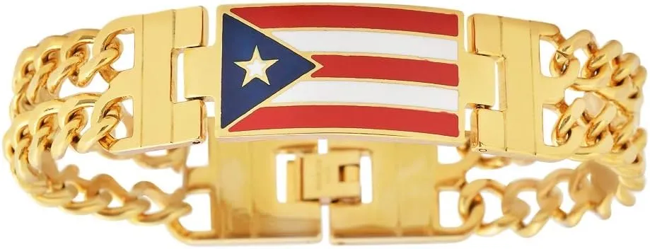 My Daily Styles Puerto Rico Flag Men's Stainless Steel Link Bracelet, Stylish Design, for Him, 8.5 Inches Length
