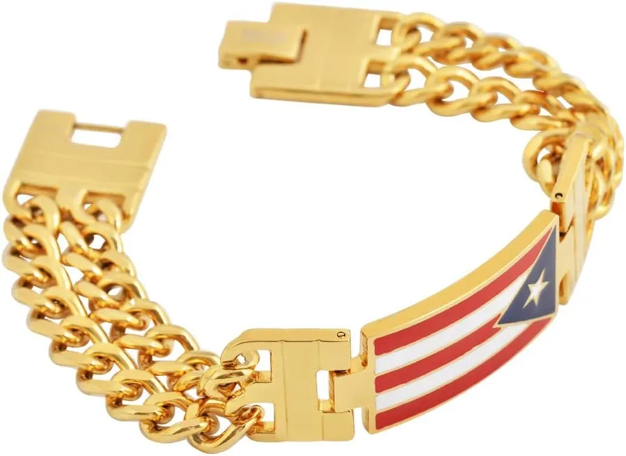 My Daily Styles Puerto Rico Flag Men's Stainless Steel Link Bracelet, Stylish Design, for Him, 8.5 Inches Length