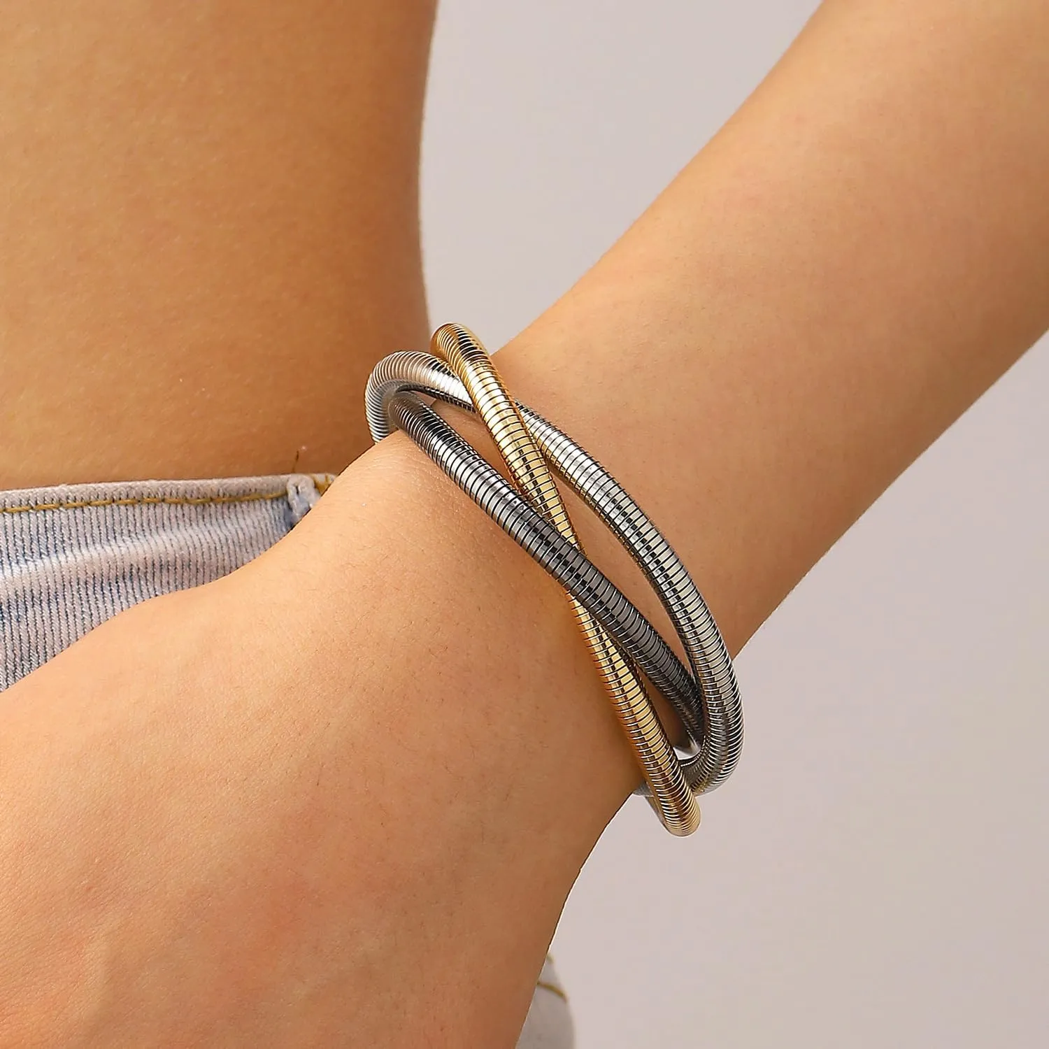 MYANAIL Triple Twine Spring Bracelet for Women Adjustable Interlocking Bangle Bracelets Metal Punk Multilayer Bracelet Jewelry