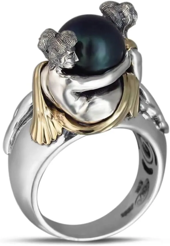 MYLYAHY Natural Stone for Women Teen Girls,Thick Silver Plated Oval Round Agate Pearl Turquoise Moonstone Solitaire Ring,Womens Wedding Engagement Turkish Rings,Trendy Fashion Cute Turkey Rings