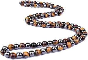 Natural Stone Beaded Necklace 8mm Tiger Eye Black Obsidian and Hematite Buddha bead lucky necklace 26 Inches, Black and Brown Men and women necklaces fift