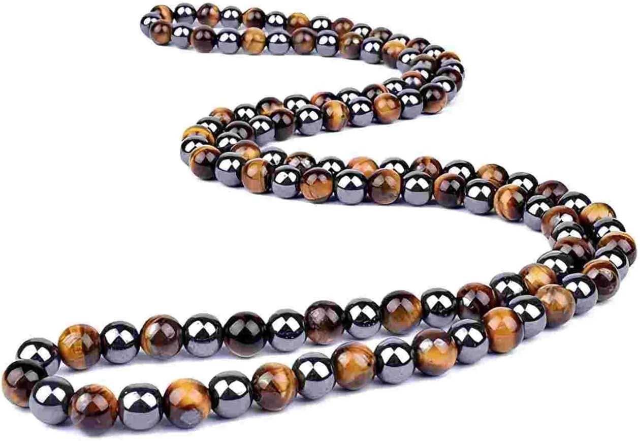 Natural Stone Beaded Necklace 8mm Tiger Eye Black Obsidian and Hematite Buddha bead lucky necklace 26 Inches, Black and Brown Men and women necklaces fift