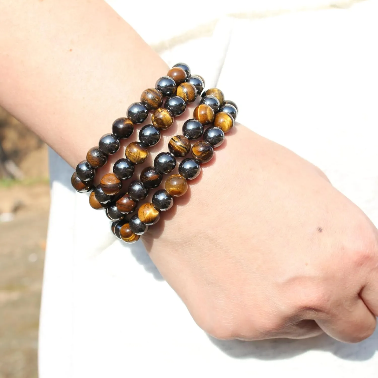 Natural Stone Beaded Necklace 8mm Tiger Eye Black Obsidian and Hematite Buddha bead lucky necklace 26 Inches, Black and Brown Men and women necklaces fift
