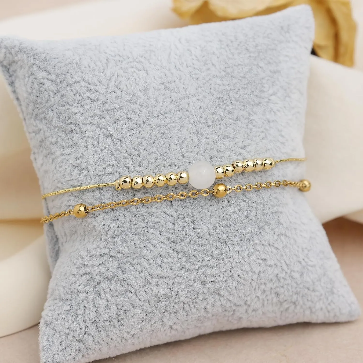 Natural Stone Gold Beaded Layered Bracelets for Women, Boho HandmadeAdjustable Stack Link Bracelet Festive Holiday Accessories Jewelry Gift.