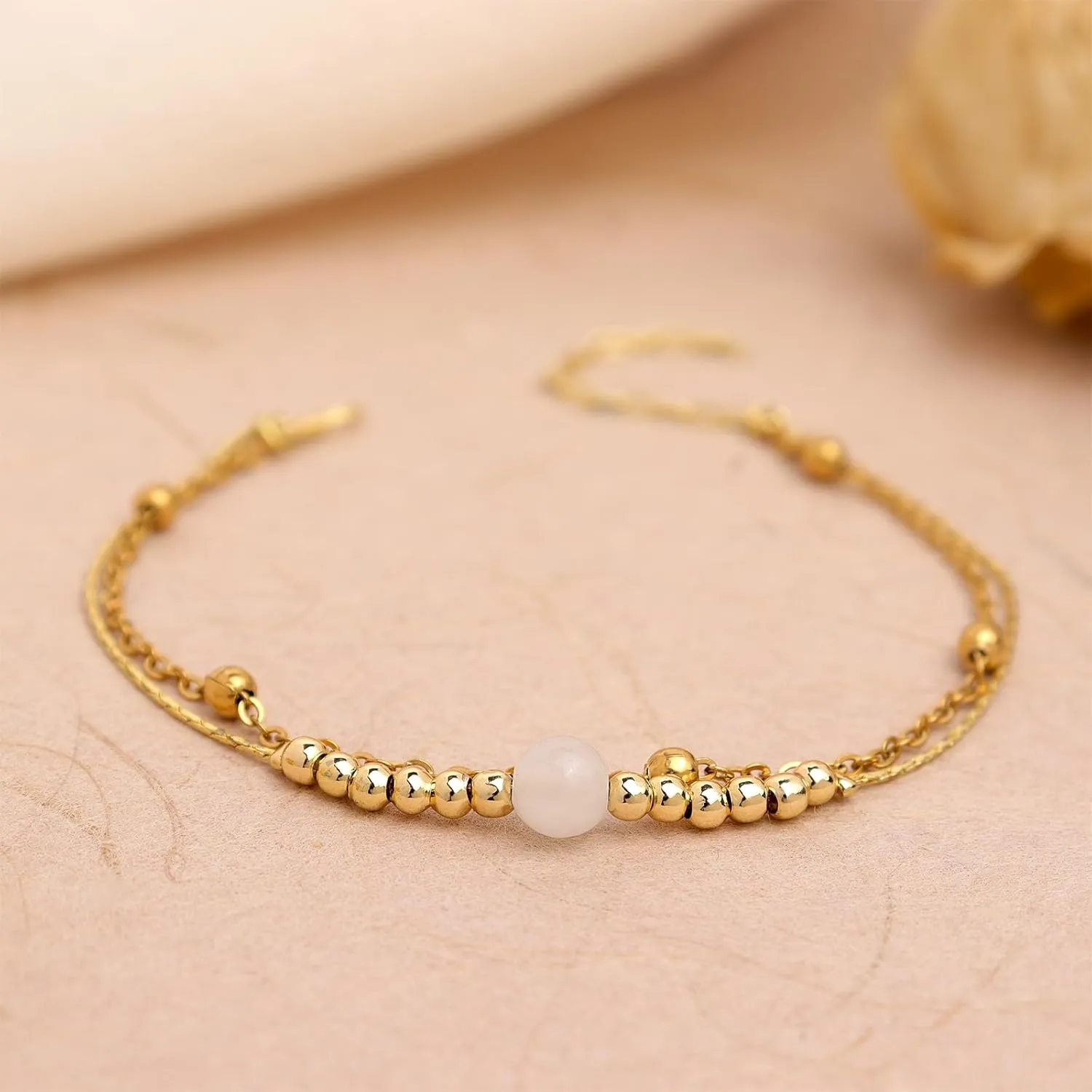 Natural Stone Gold Beaded Layered Bracelets for Women, Boho HandmadeAdjustable Stack Link Bracelet Festive Holiday Accessories Jewelry Gift.