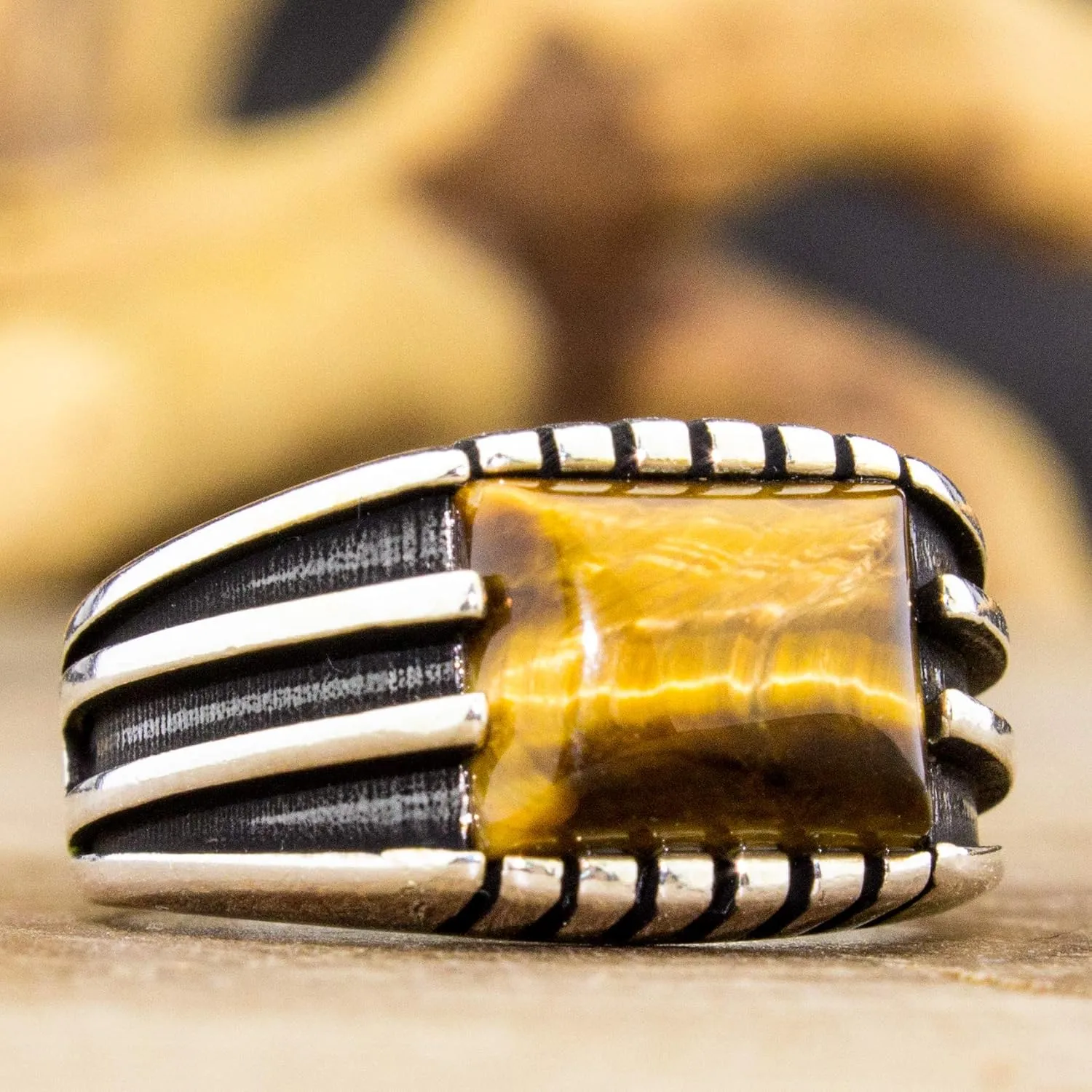 Natural Tiger Eye Stone Solid 925 Sterling Silver Special Design Elegant Ring for Men