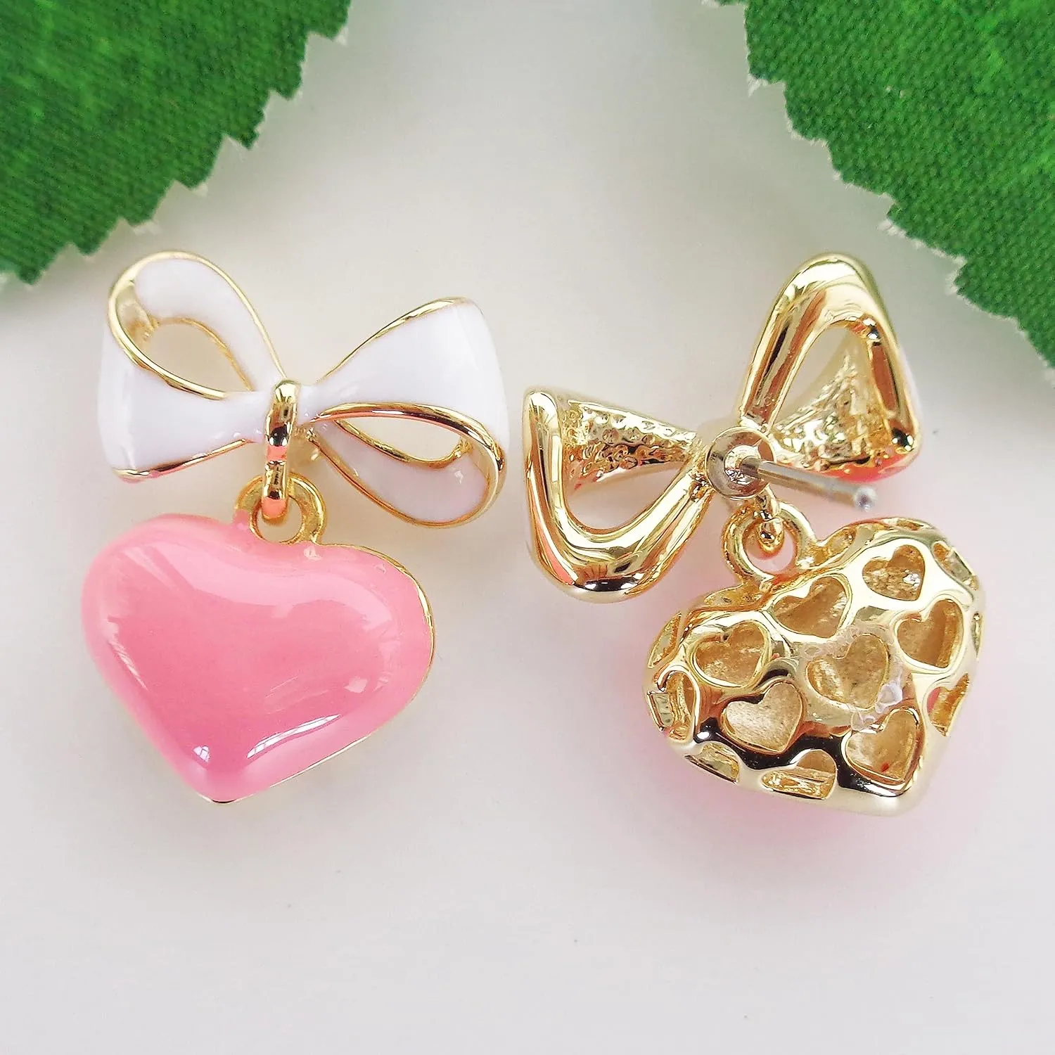 Navachi 18k Gold Plated Bow Heart Colorful Candy Enamel Womens Fashion Elegant Stud Earrings