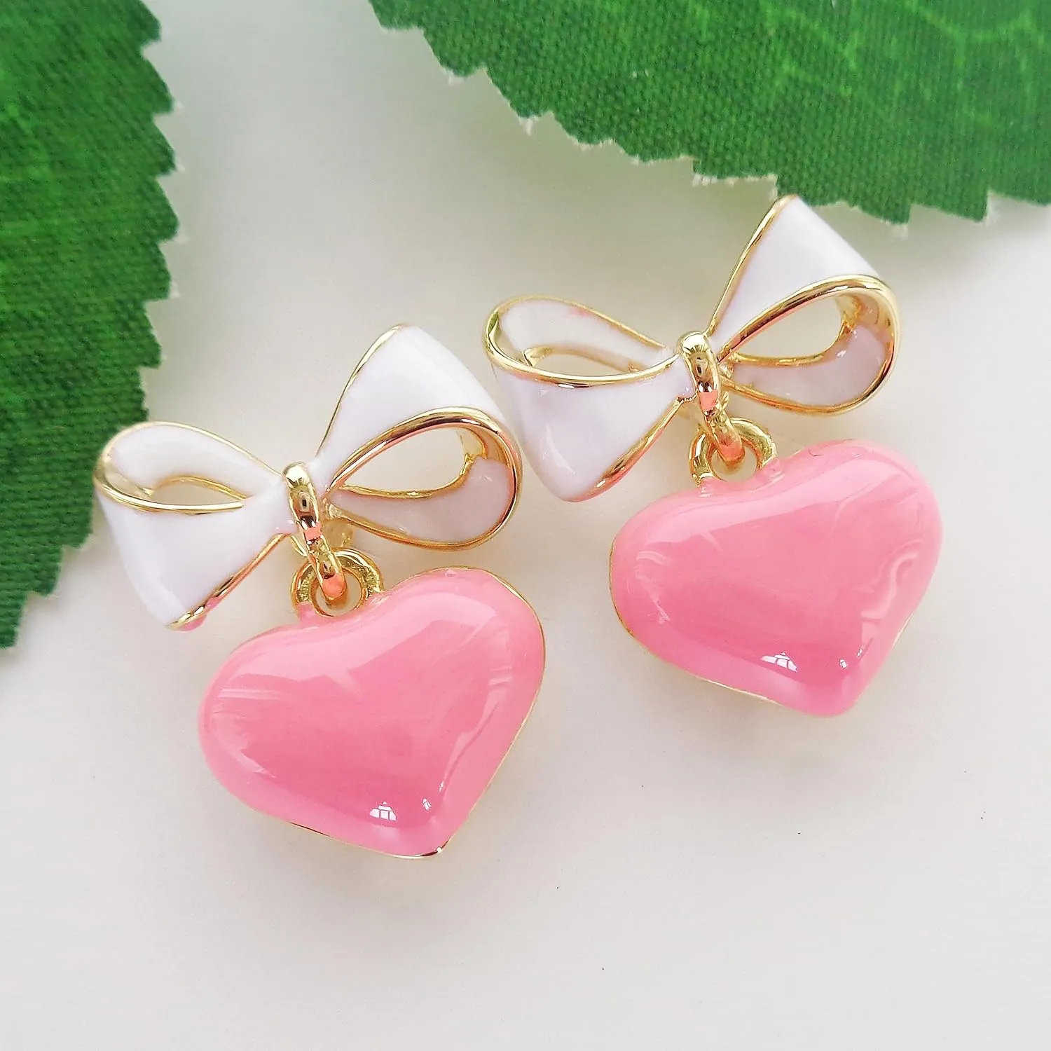 Navachi 18k Gold Plated Bow Heart Colorful Candy Enamel Womens Fashion Elegant Stud Earrings