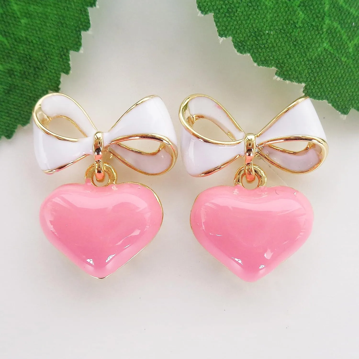 Navachi 18k Gold Plated Bow Heart Colorful Candy Enamel Womens Fashion Elegant Stud Earrings