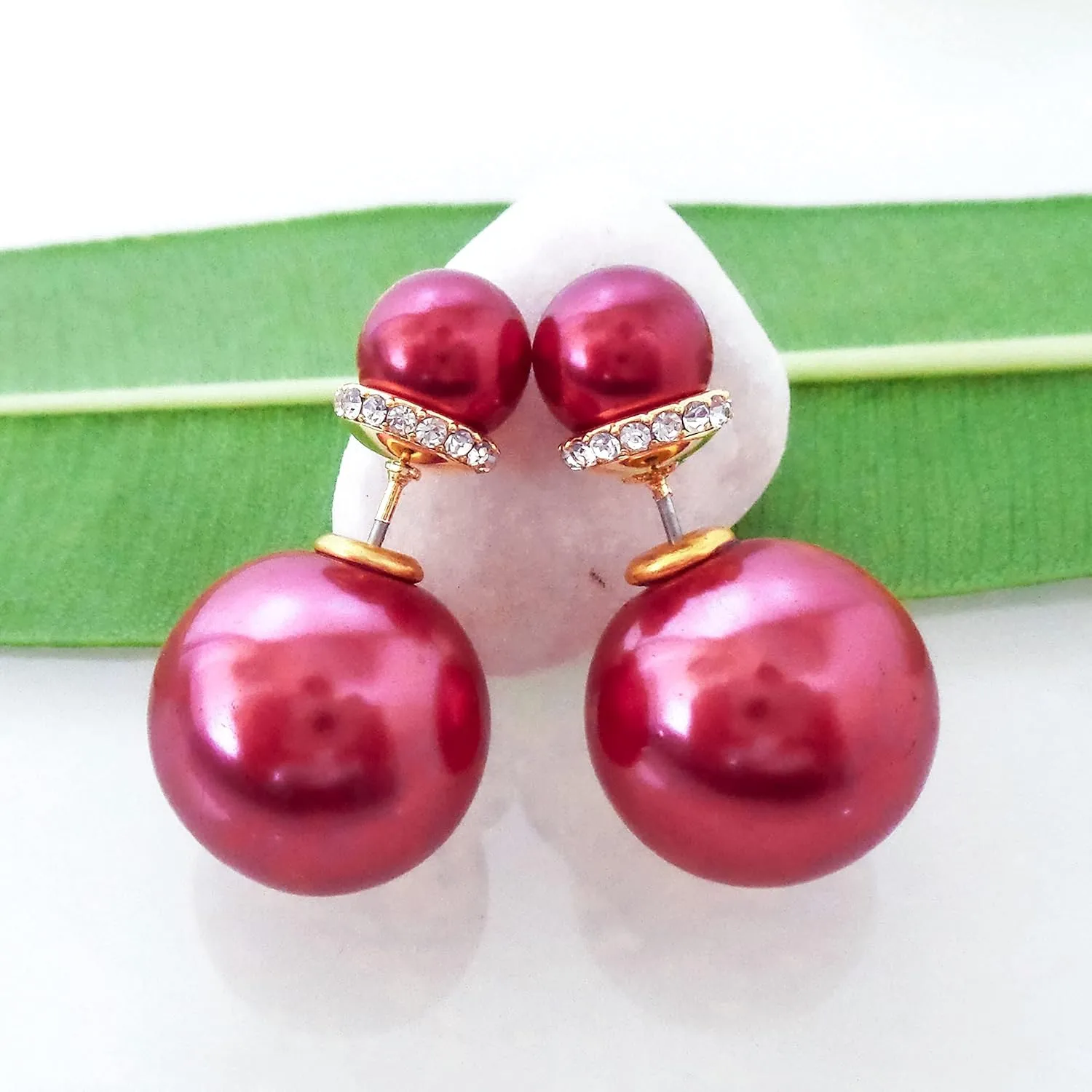 Navachi 18k Gold Plated Double Sided Colorful Faux Pearl Beads Womens Fashion Elegant Candy Stud Earrings