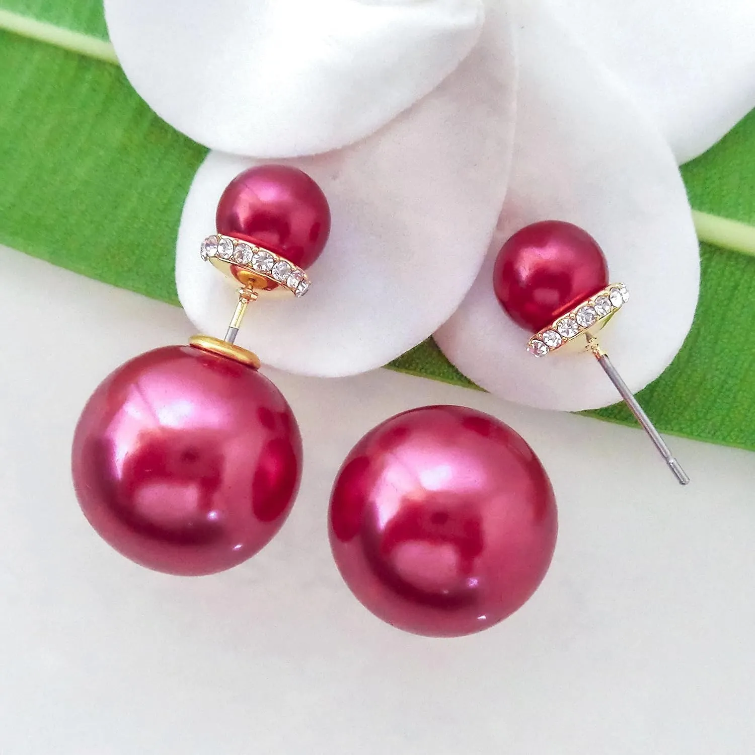 Navachi 18k Gold Plated Double Sided Colorful Faux Pearl Beads Womens Fashion Elegant Candy Stud Earrings