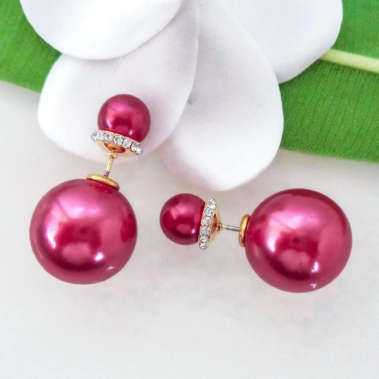 Navachi 18k Gold Plated Double Sided Colorful Faux Pearl Beads Womens Fashion Elegant Candy Stud Earrings