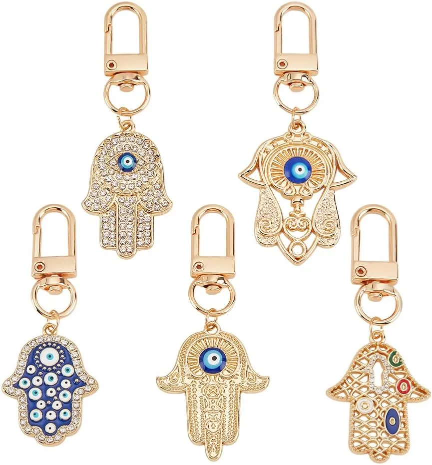 NBEADS 5 Pcs 5 Styles Hamsa Hand Evil Eye Keychains, Hand Protection Charm Key Holder Evil Eye Charm Pendants Lucky Charms Keyring for Gift Keys Bag Accessory Ornaments