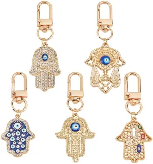 NBEADS 5 Pcs 5 Styles Hamsa Hand Evil Eye Keychains, Hand Protection Charm Key Holder Evil Eye Charm Pendants Lucky Charms Keyring for Gift Keys Bag Accessory Ornaments
