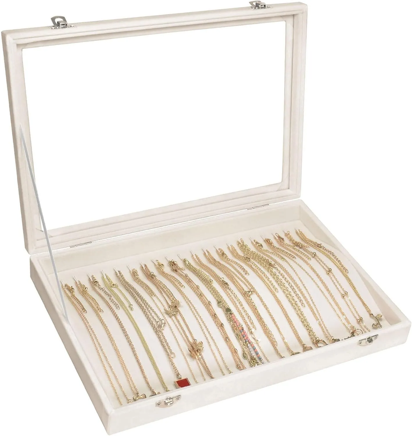 Necklace Organizer Box Premium 20 Hooks Velvet Necklace Display Jewelry Tray with Transparent Lid Jewelry Necklace Display Box for Necklace Pendants Suitable for Women and Girls (Beige)