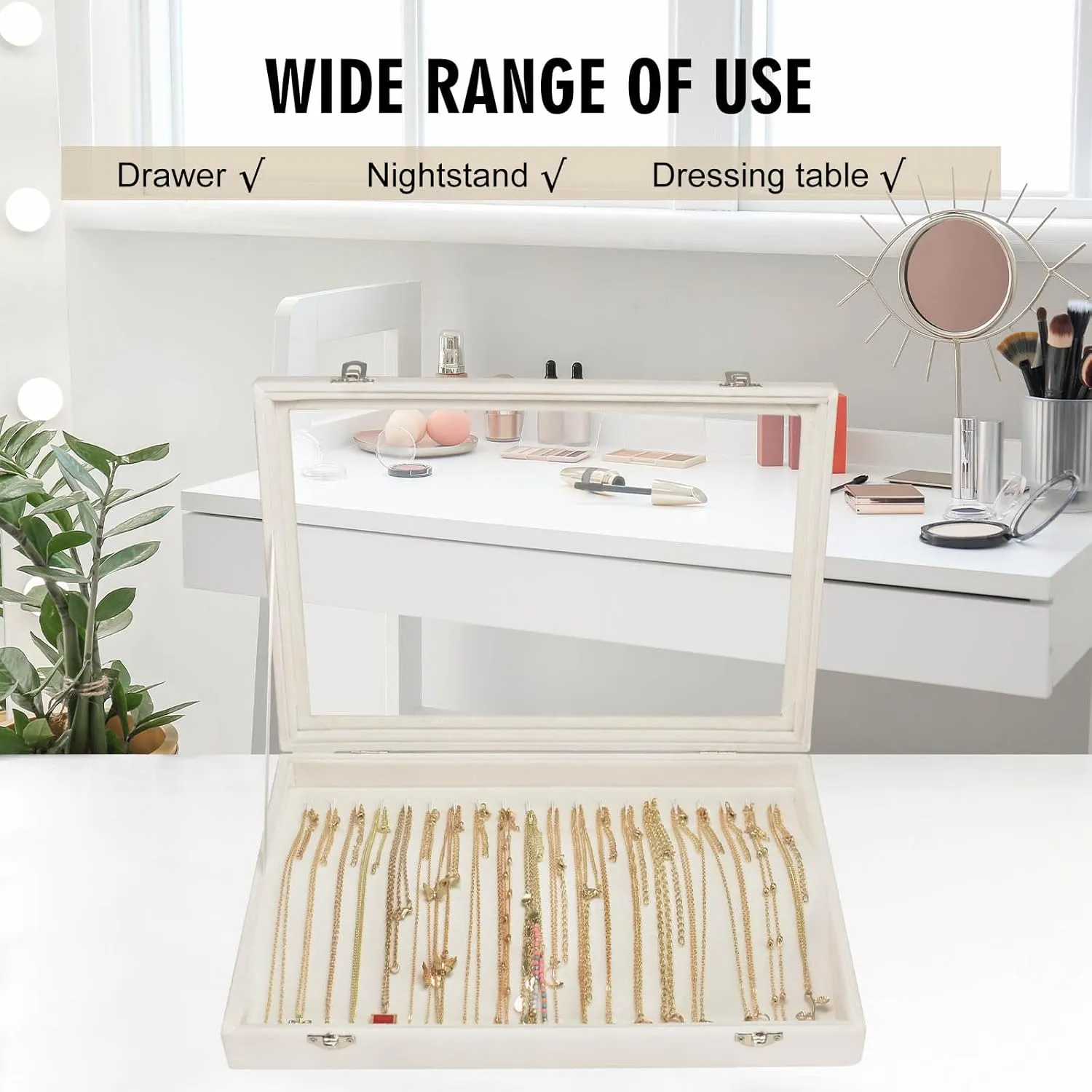 Necklace Organizer Box Premium 20 Hooks Velvet Necklace Display Jewelry Tray with Transparent Lid Jewelry Necklace Display Box for Necklace Pendants Suitable for Women and Girls (Beige)