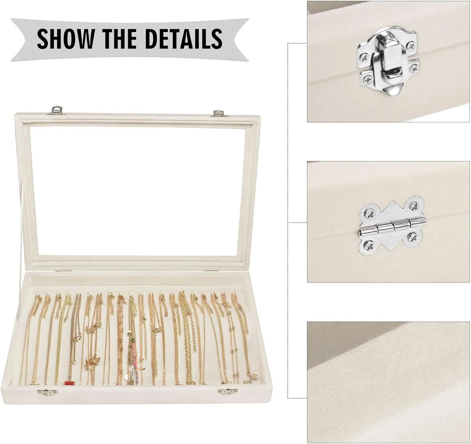 Necklace Organizer Box Premium 20 Hooks Velvet Necklace Display Jewelry Tray with Transparent Lid Jewelry Necklace Display Box for Necklace Pendants Suitable for Women and Girls (Beige)