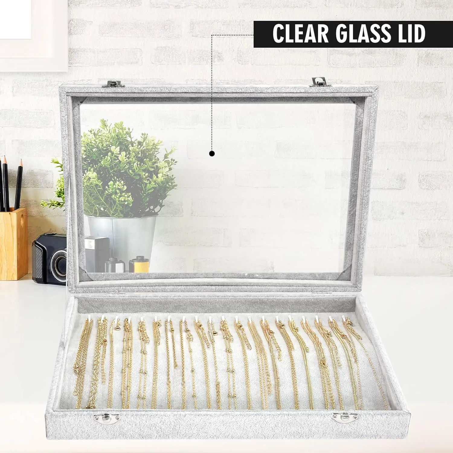 Necklace Organizer Box with Clear Lid Velvet Tray for Jewelry Storage Display Case, 20 Hooks Glass Top Drawer Insert Necklaces Pendants Dustproof Necklace Jewelry Box Organizer & Tray (Grey)