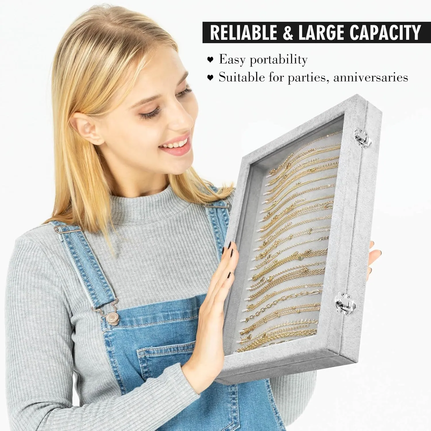 Necklace Organizer Box with Clear Lid Velvet Tray for Jewelry Storage Display Case, 20 Hooks Glass Top Drawer Insert Necklaces Pendants Dustproof Necklace Jewelry Box Organizer & Tray (Grey)