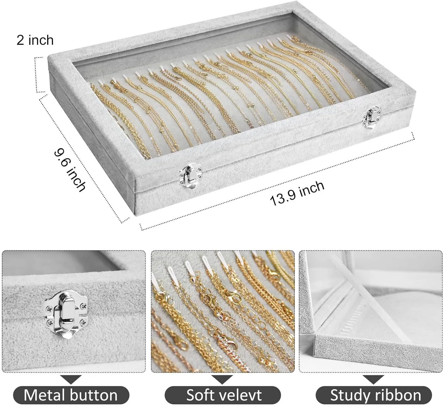 Necklace Organizer Box with Clear Lid Velvet Tray for Jewelry Storage Display Case, 20 Hooks Glass Top Drawer Insert Necklaces Pendants Dustproof Necklace Jewelry Box Organizer & Tray (Grey)