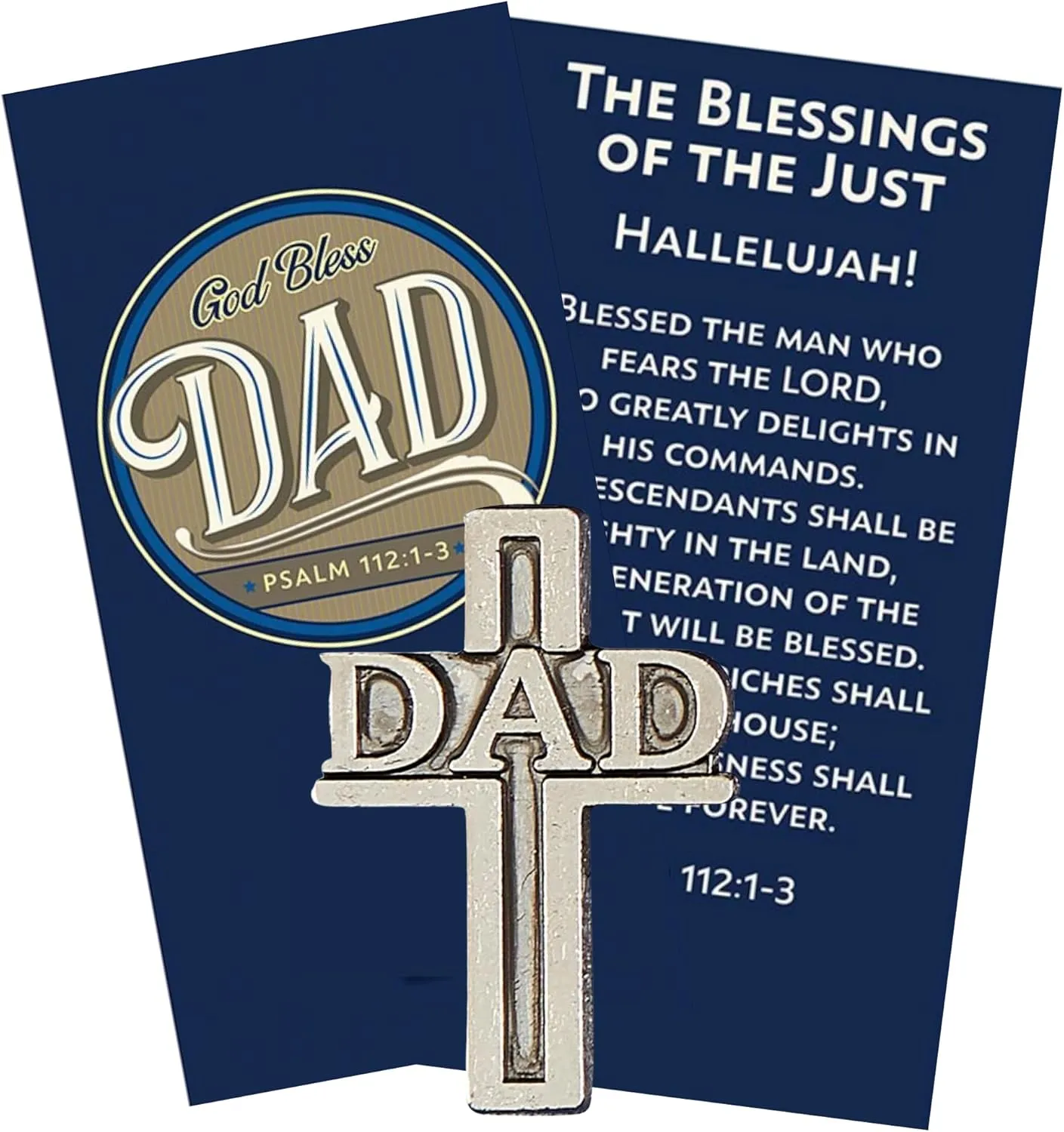 Needzo Silver Tone God Bless Dad Cross-Shaped Lapel Pin with Prayer Card, Mens Cross Pins for Suits, Religious Fathers Gifts for Christian Dads, Grandpas, Uncles, and More, 1 Inch