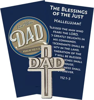 Needzo Silver Tone God Bless Dad Cross-Shaped Lapel Pin with Prayer Card, Mens Cross Pins for Suits, Religious Fathers Gifts for Christian Dads, Grandpas, Uncles, and More, 1 Inch