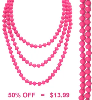 Neon Pink Crystal 60" Long Strand Layering Necklace