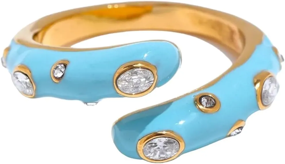 New 2025 Adjustable Candy Blue White Black Pink Enamel Cubic Zirconia Exquisite Open Ring Golden Stainless Steel Jewelry Gift With For You Jewelry Fashion Accessories Creative Gift