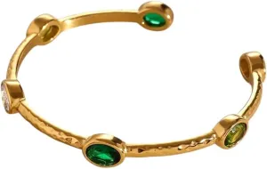 New 2026 Stainless Steel Vintage Hammered Emerald Olive Green White Oval Zirconia Open Bracelet Exquisite Colorful Tarnish Decoration Jewelry Luxury With You Accessories Trendy Best For Gift