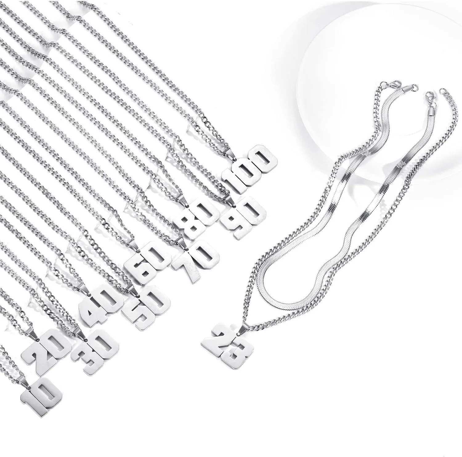 Number Necklace, Layered Necklace for Men, Jersey Number Necklace for Boy Athlete, 18 20 In Stainless Steels Chain for Men With Number Pendant, Basketball Football Baseball Number Necklaces for Boys