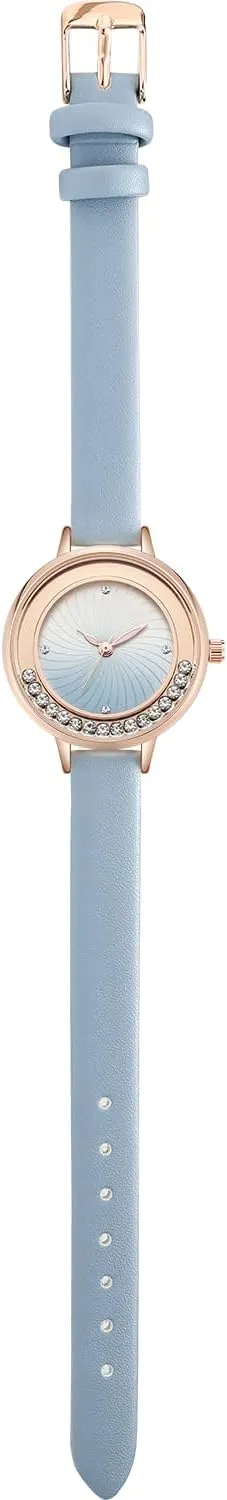 NUOVO Women's Leather Strap Bezel Crystal Accented Rose Gold Case Elegant Ladies Colorful Watch