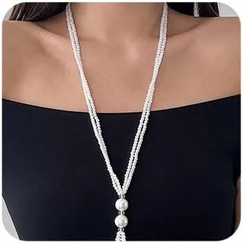 Octwine 2 Tier 1920s Long layered Pearl Tassel Necklaces for Women Long Pearl Necklace Dainty Multiple Strands Pearl Necklace Statement Sweater Strand Chain for Women