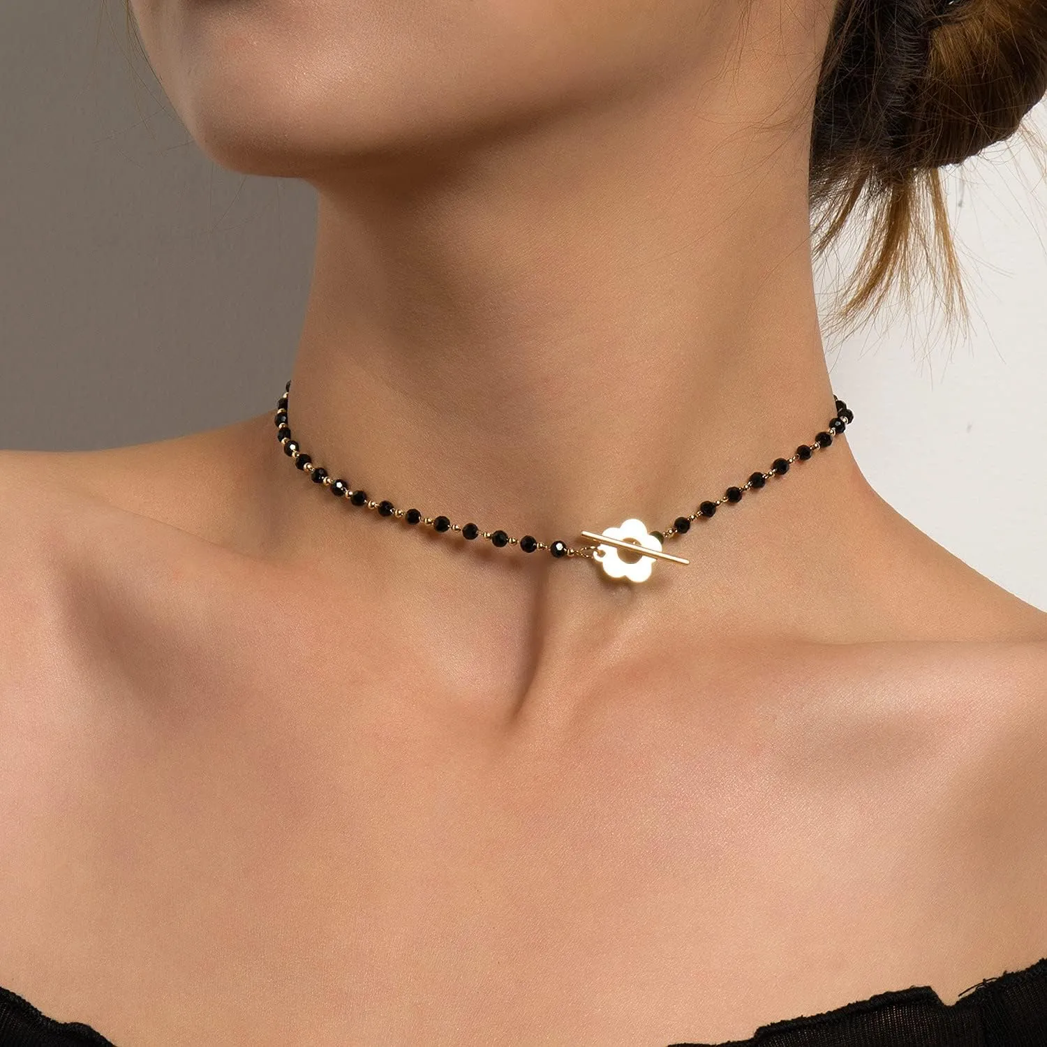 Octwine Dainty Boho Flower Short Choker Necklace Simple Black Crystals Choker Necklaces for Women(Silver)