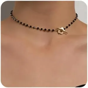 Octwine Dainty Boho Flower Short Choker Necklace Simple Black Crystals Choker Necklaces for Women(Silver)