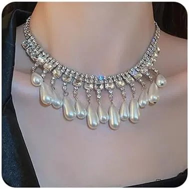 Octwine Dainty Layered Necklace Pearls Rhinestones Tassel Choker Necklaces Silver Chain Jewelry Prom Party Catwalk Exaggeration Necklace for Women