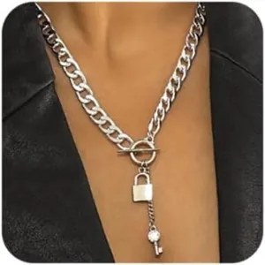 Octwine lock and Key Necklace Chain Necklace Rhinestone 3 Layered Necklaces Charm Choker Necklace for WomenSilver
