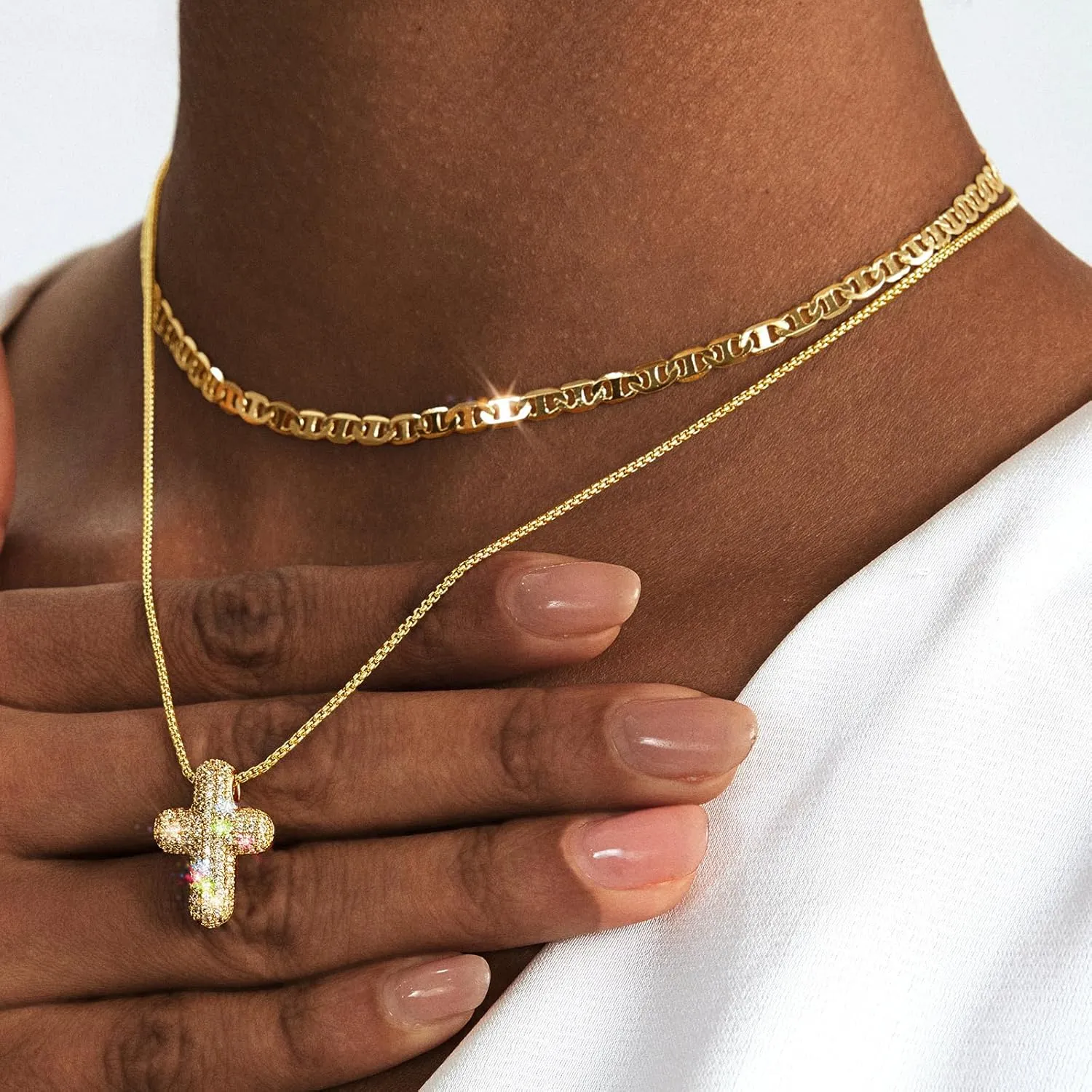 OGD Bubble Cross Necklace for Women 14k Gold Plated Cross Necklace Stackable Dainty Gold Necklace Mariner Chain Necklace CZ Cross Pendant Necklaces Set Simple Jewelry Gift