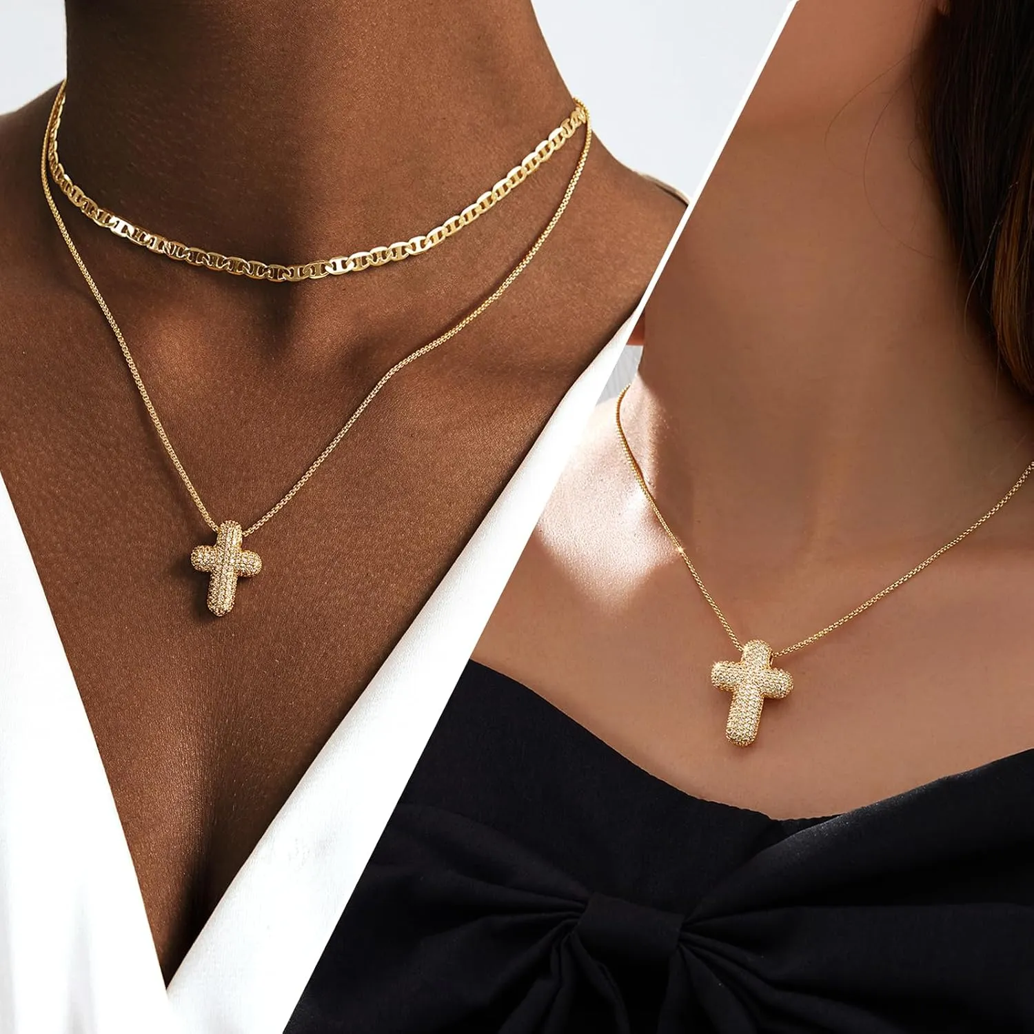 OGD Bubble Cross Necklace for Women 14k Gold Plated Cross Necklace Stackable Dainty Gold Necklace Mariner Chain Necklace CZ Cross Pendant Necklaces Set Simple Jewelry Gift