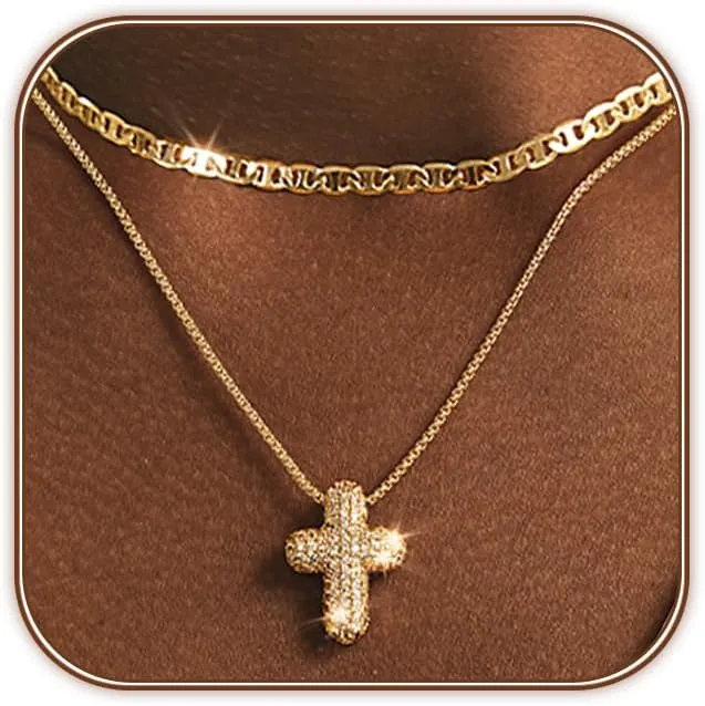 OGD Bubble Cross Necklace for Women 14k Gold Plated Cross Necklace Stackable Dainty Gold Necklace Mariner Chain Necklace CZ Cross Pendant Necklaces Set Simple Jewelry Gift