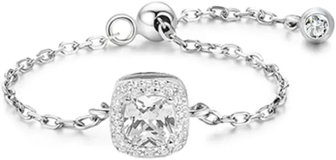OIDIMS Cubic Zirconia Link Chain Statement Ring with Dangle Beaded Ball S925 Sterling Silver Adjustable Band Birthstone Stacking Promise Rings Tassel Dangling Fashion Jewelry for Women