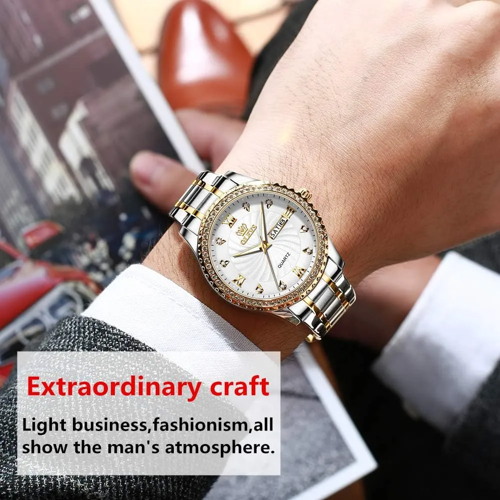 OLEVS Luxury Diamond Watches for Men Waterproof Mens Fine Business Casual Watch Calendar Week Analog Quartz Watch for Christmas