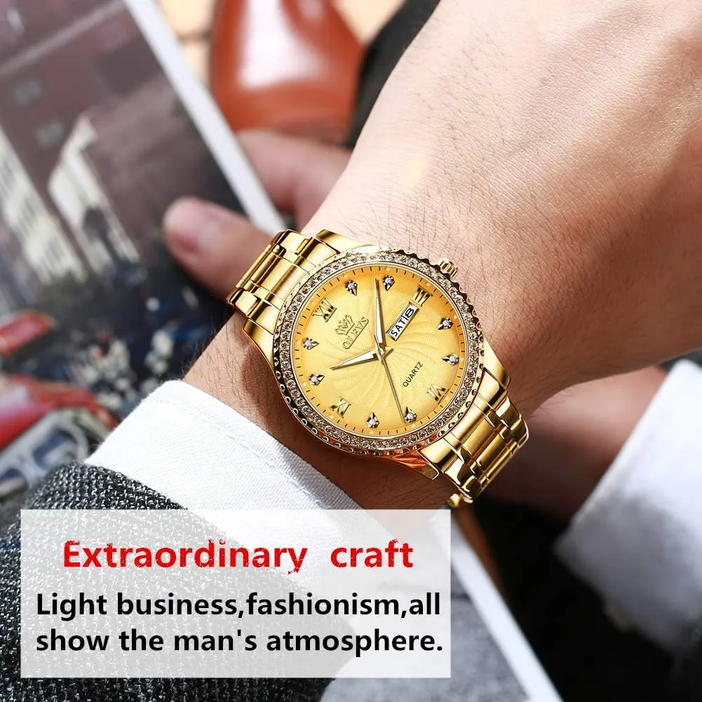 OLEVS Luxury Diamond Watches for Men Waterproof Mens Fine Business Casual Watch Calendar Week Analog Quartz Watch for Christmas