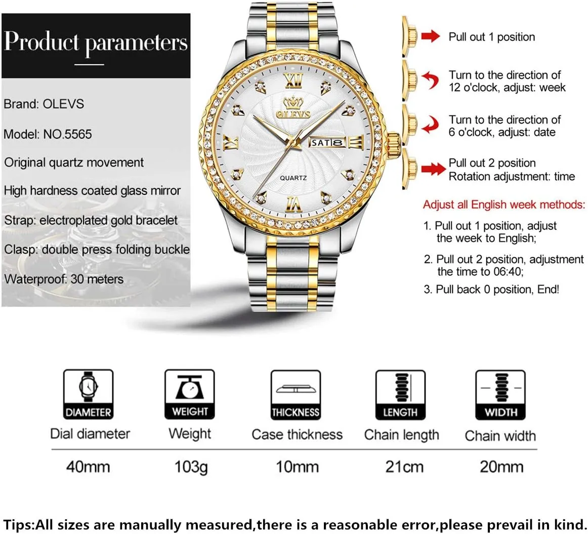 OLEVS Luxury Diamond Watches for Men Waterproof Mens Fine Business Casual Watch Calendar Week Analog Quartz Watch for Christmas