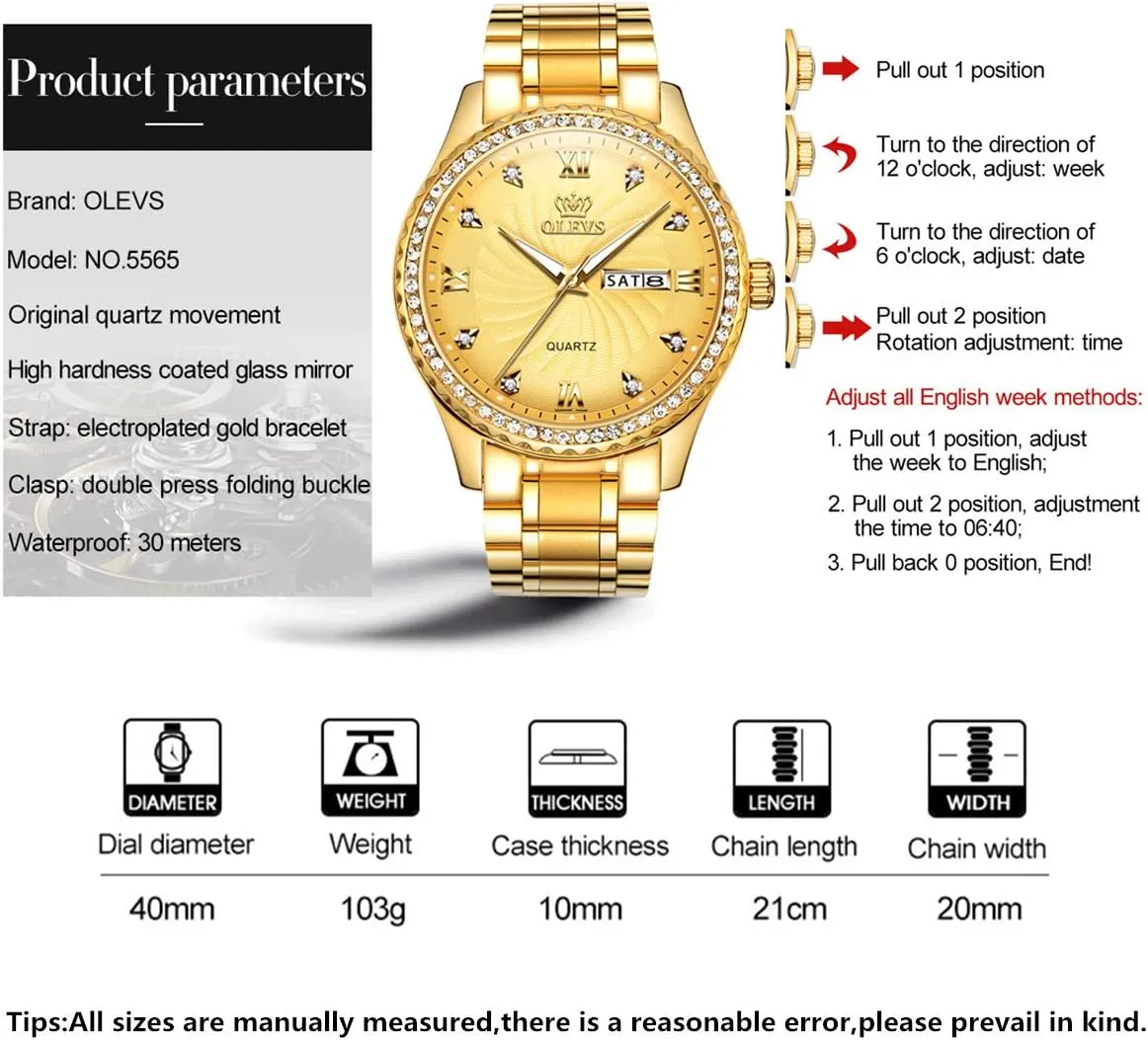 OLEVS Luxury Diamond Watches for Men Waterproof Mens Fine Business Casual Watch Calendar Week Analog Quartz Watch for Christmas